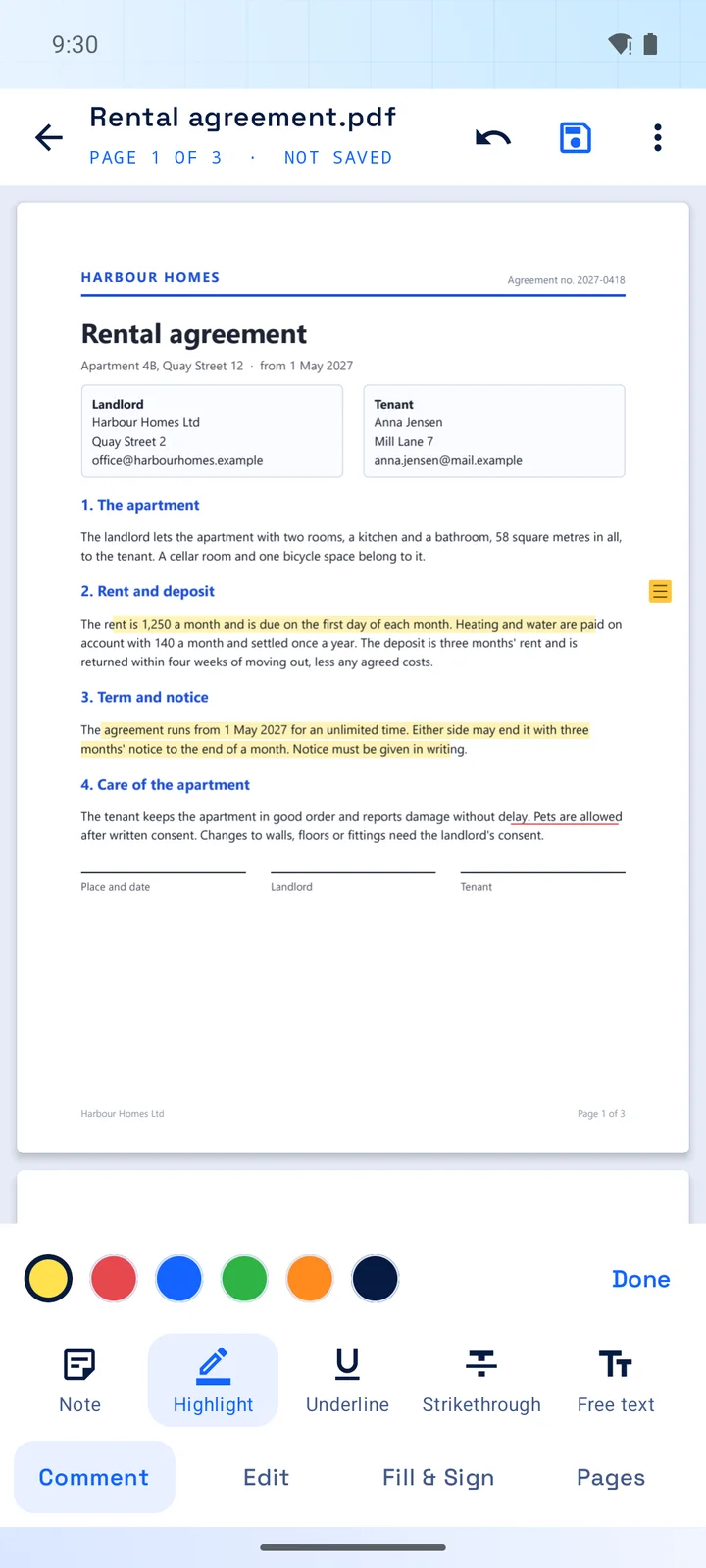 A rental agreement open in DeskEditor with two passages highlighted in yellow, one underlined, and a note in the margin.
