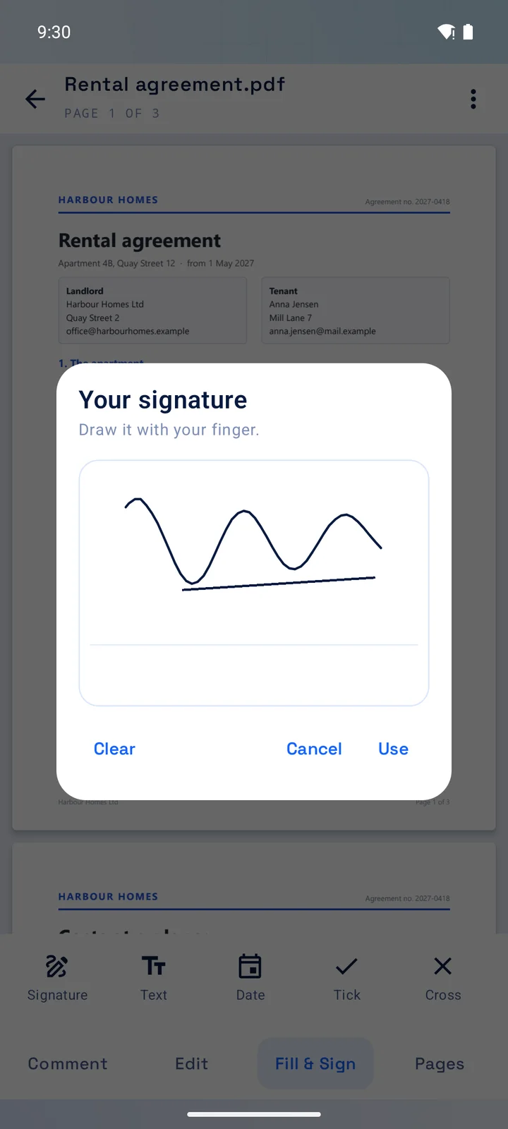 The signature pad with a signature drawn by finger.