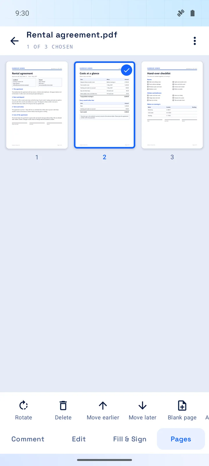 The three pages of the document side by side, the second one ticked, with Rotate, Delete and Move below.