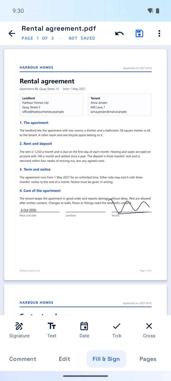 The same agreement with the date filled in and a signature on the tenant's line.