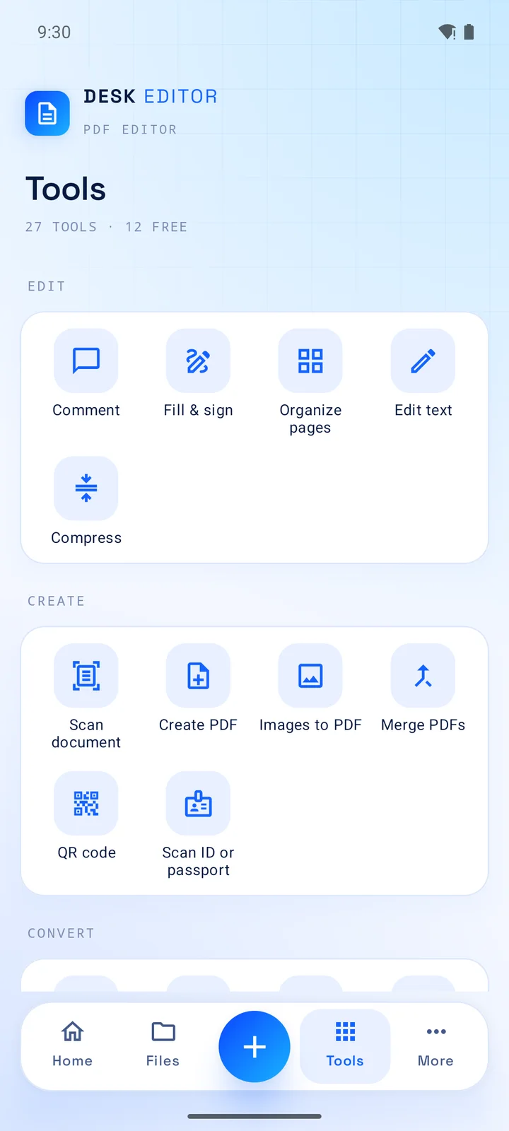 The Tools screen with the tools in groups: Edit, Create, Convert.