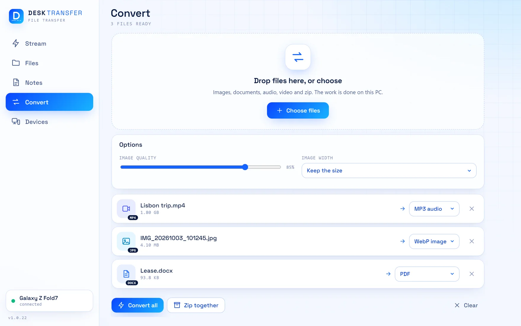 The Convert section: a video becomes MP3 audio, a photo becomes a WebP image and a Word document becomes a PDF, one after the other.