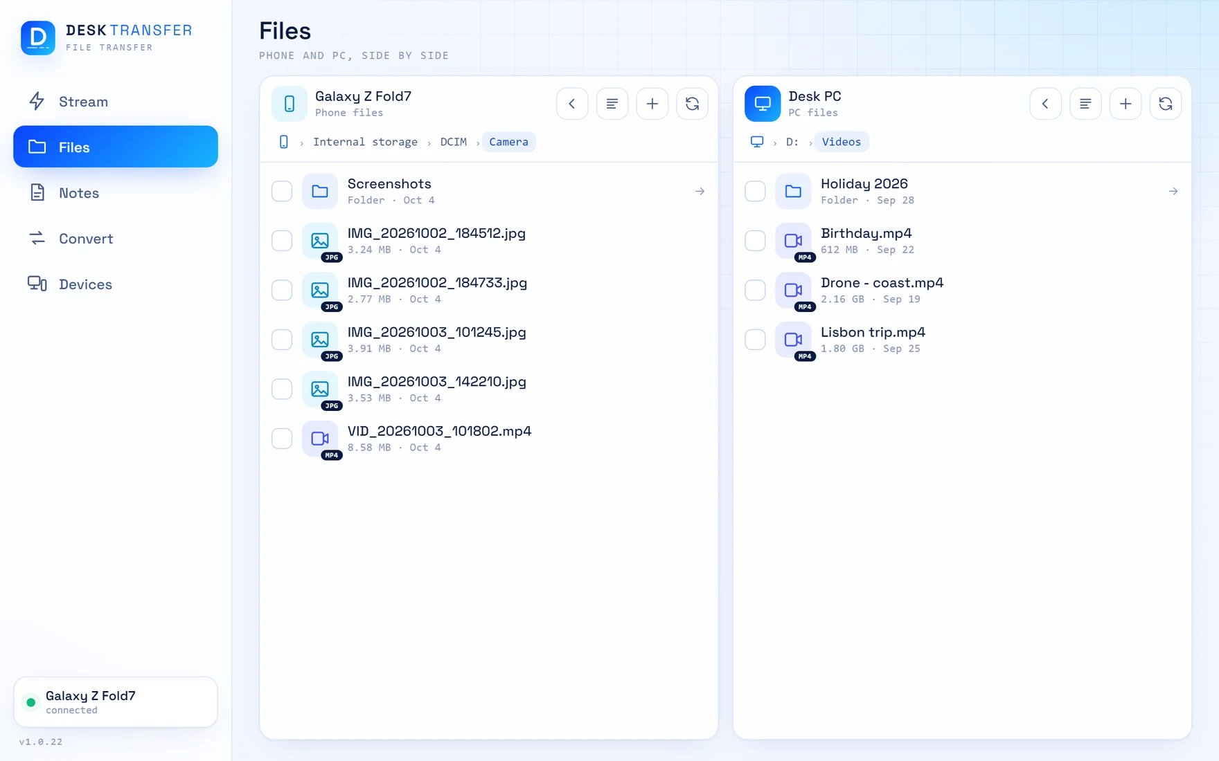 DeskTransfer on the PC: the phone's Camera folder in the left pane and the PC's Videos folder in the right pane. Two files are ticked, copied, and appear on the PC.