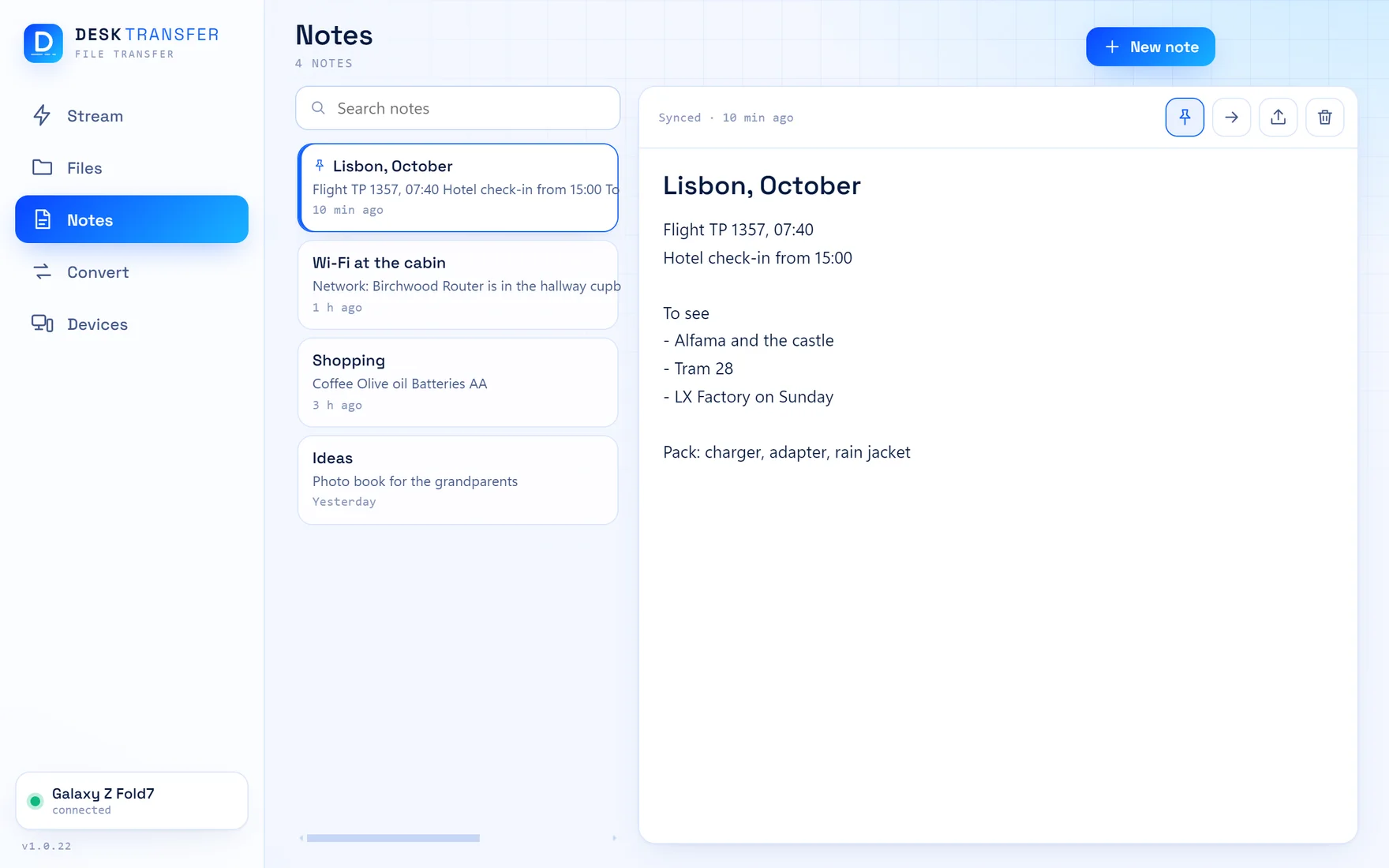 The Notes section on the PC: a list of notes and one open for writing.