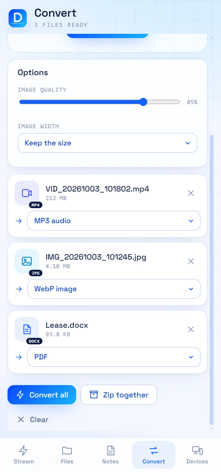 The same Convert section on the phone.