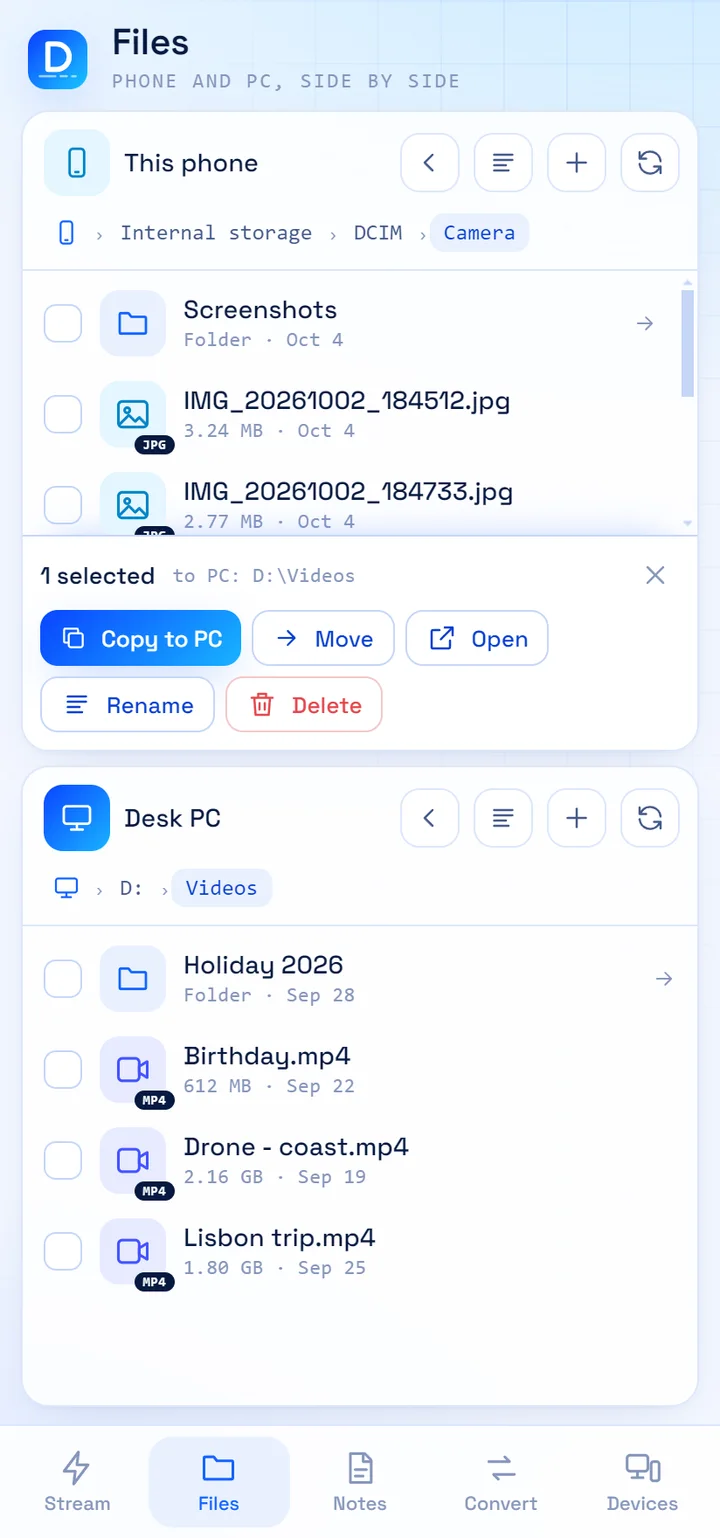 The same file manager on the phone, with the two panes stacked.